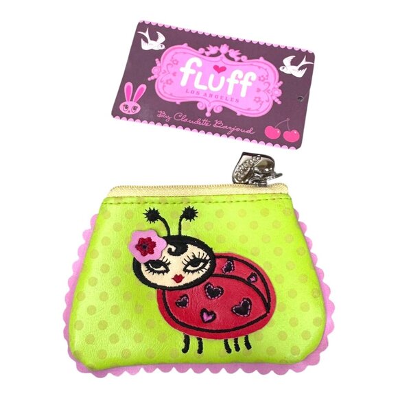 Fluff Ladybug Coin Purse Keychain Clip Lime Green Pink Accent Polka Dot  NEW - Picture 1 of 9